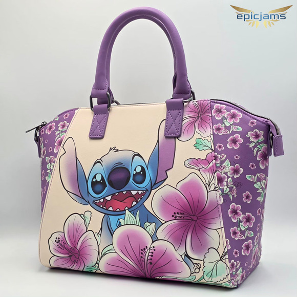 Loungefly Disney Lilo and Stitch Flowers Floral Purple Satchel Bag Purse New - Picture 3 of 8